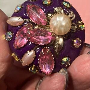 Huge vintage purple resin ring crystal pearls runway